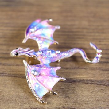 Dragon Brooch - spread wings, top view, pink-blue