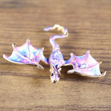 Dragon Brooch - spread wings, top view,pink-blue