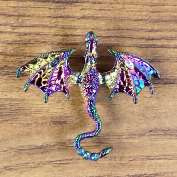 Drachen Brosche - ausgebreitete Flügel, Ansicht von oben, Bunt