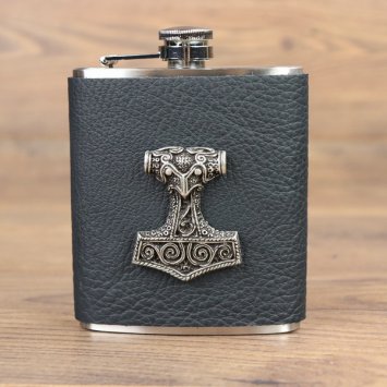 Flachmann mit Ledermantel, Motiv "Silber Drachen auf Schwarz"