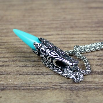 Preview: Halskette Wolfskopf mit leuchtender türkisen Spitze