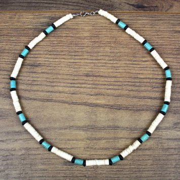 Preview: Halskette mit weißen und türkisen Steinen mit schwarzen Holzperlen