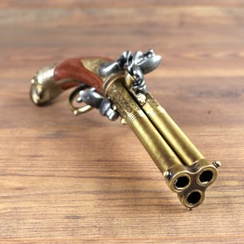 3 - Drehlauf Steinschloß Pistole mit 3 Pfannen, brauner Griff mit Vogelkopf, Messing - Replik