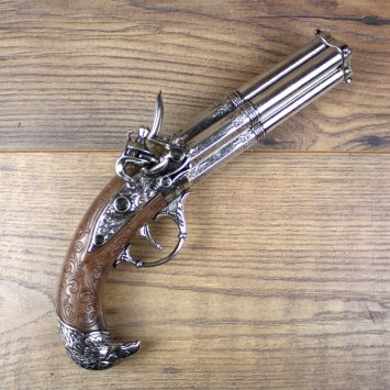 4 - Drehlauf Steinschloßpistole, mit 1 Pfanne, brauner Griff mit Vogelkopf, Grau - Replik