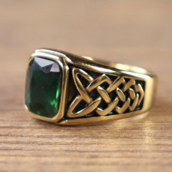 Keltischer Ring, rechteckiger Stein - Goldfarben / Grün
