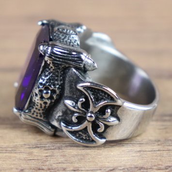 Preview: Piraten Ring, Doppelaxt - Silberfarben  / Purpur