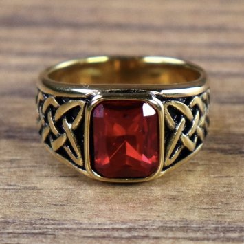 Keltischer Ring, rechteckiger Stein - Goldfarben / Grün