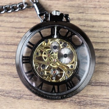 Mechanische Taschenuhr, Skelett Uhr mit römischen Ziffern, Schwarz