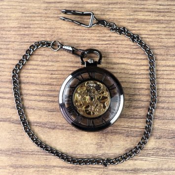 Mechanische Taschenuhr, Skelett Uhr mit römischen Ziffern, Schwarz