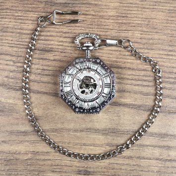 Preview: Achteckige, mechanische Uhr in Silber Optik