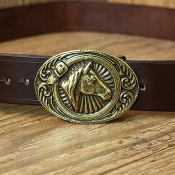 Preview: 4 x 117 cm - cowhide belt - brown, with horse buckle AM