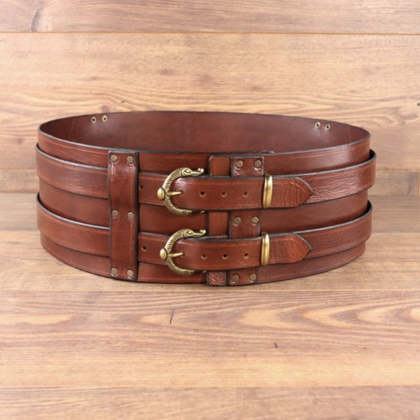 Big Belt mit 2 Riemen, Wiki-Schnalle, mittelbraunes Rindsleder, Umfang von 100 - 110 cm 