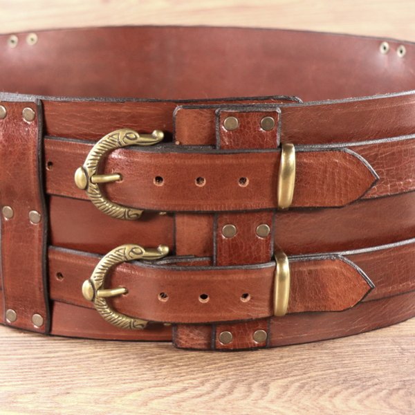 Big Belt mit 2 Riemen, Wiki-Schnalle, mittelbraunes Rindsleder, Umfang von 100 - 110 cm 