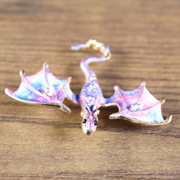Dragon Brooch - spread wings, top view,pink-blue