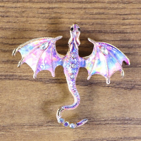 Dragon Brooch - spread wings, top view, pink-blue