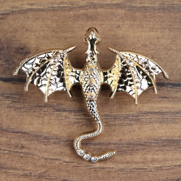 Drachen Brosche - ausgebreitete Flügel, Ansicht von oben, Gold