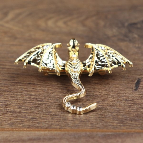 Drachen Brosche - ausgebreitete Flügel, Ansicht von oben, Gold