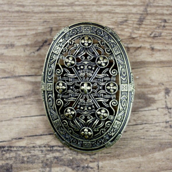 Wikinger ovale Brosche, Schalenfibel "Tiergesichter und Blüten" - Altmessing