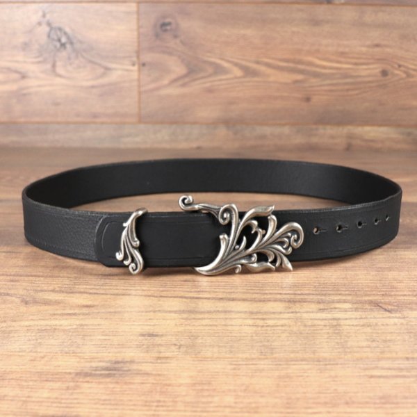 4 x 124 cm - Umfang für 100 - 115 cm, Büffelleder Gürtel - schwarz, mit floralem Ornament Buckle Schnalle AS