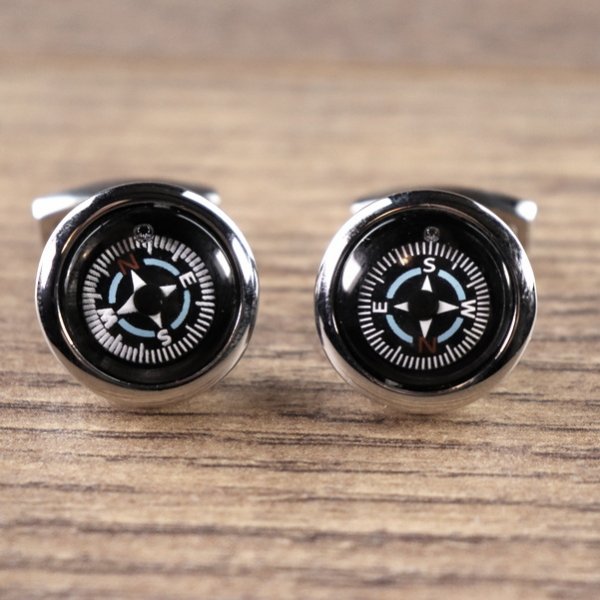 Manschettenknöpfe - Kompass Weiß-blaues Ziffernblatt, beweglich