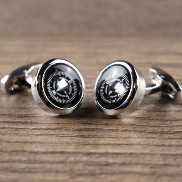 Manschettenknöpfe - Kompass Weiß-blaues Ziffernblatt, beweglich