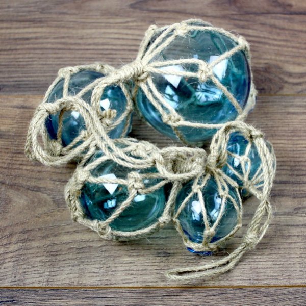 5 Glass Fisherman Balls on a Rope - Sea Blue