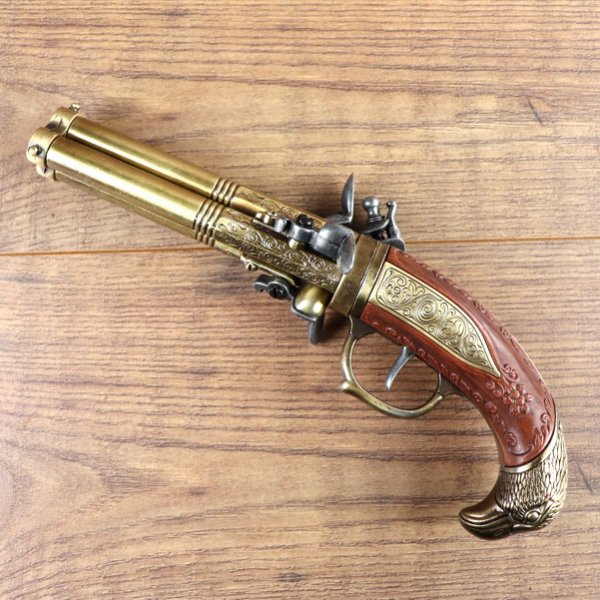 3 - Drehlauf Steinschloß Pistole mit 3 Pfannen, brauner Griff mit Vogelkopf, Messing - Replik