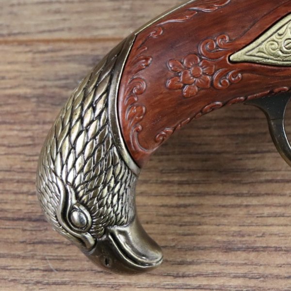 3 - Drehlauf Steinschloß Pistole mit 3 Pfannen, brauner Griff mit Vogelkopf, Messing - Replik