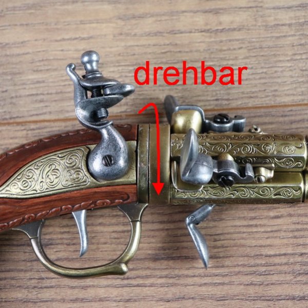 3 - Drehlauf Steinschloß Pistole mit 3 Pfannen, brauner Griff mit Vogelkopf, Messing - Replik