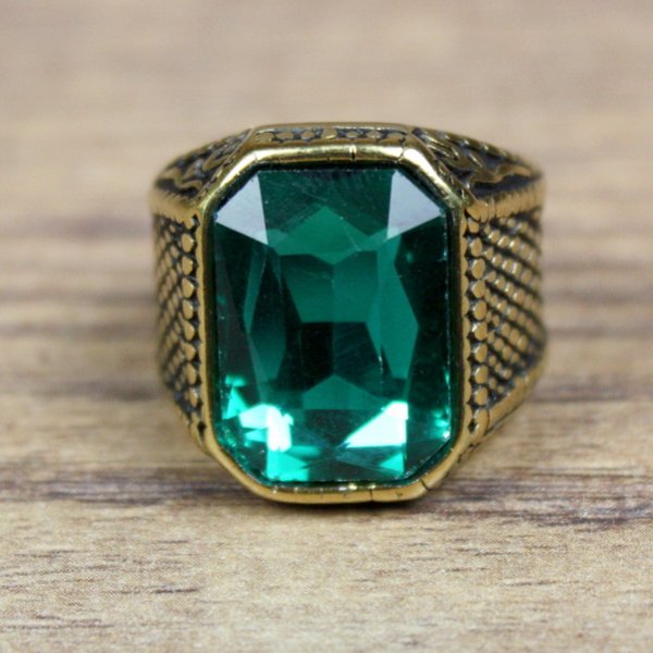 Piraten Ring, Rechteckig - Goldfarben / Grün - mit kleiner Blume