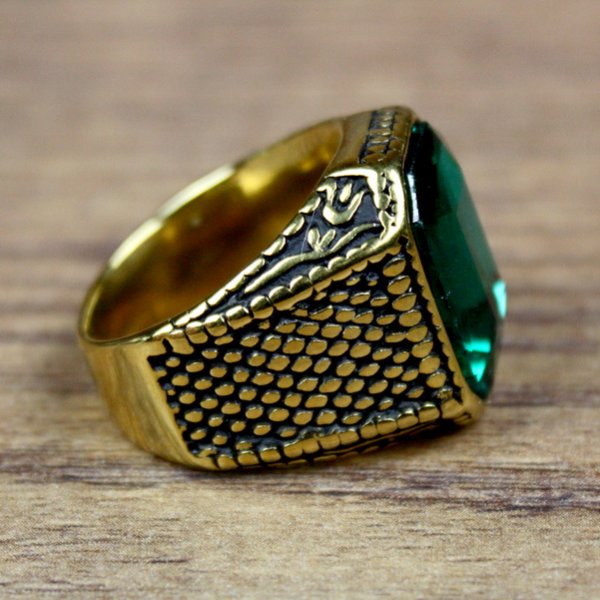 Piraten Ring, Rechteckig - Goldfarben / Grün - mit kleiner Blume