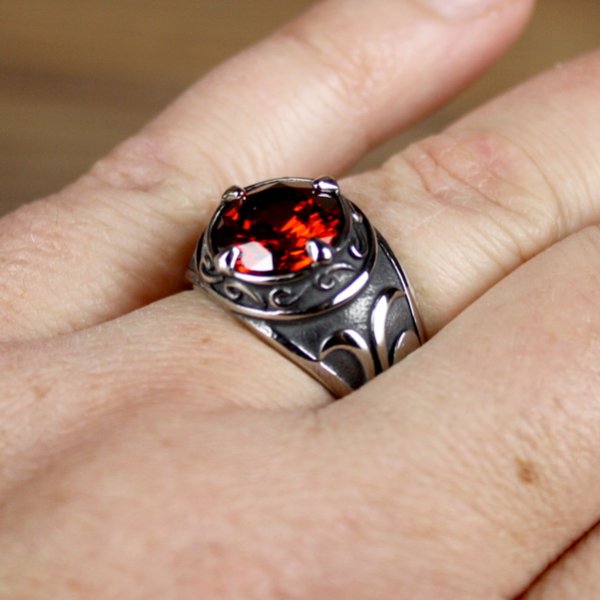 Piraten Ring, runder Stein - Silberfarben  Rot