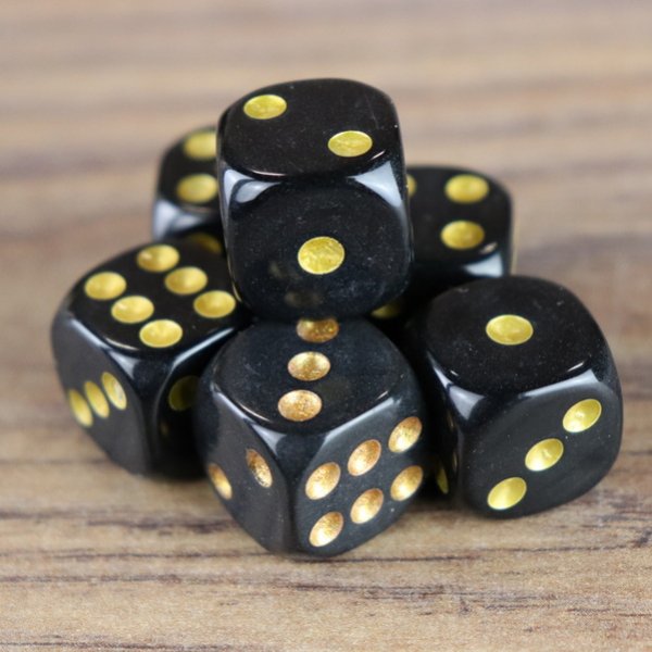 6 schwarze Würfel mit goldenen Punktenl